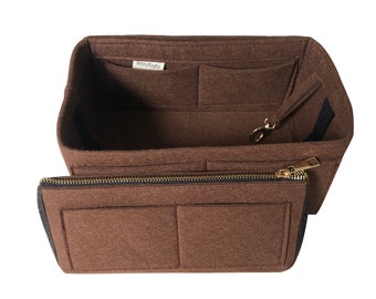 Organizer for [Artsy MM/GM] (Style B w/ Detachable Zipper Bag), Tote Felt  Purse Insert, Laptop iPad Pocket, Zip Metal Gold Makeup