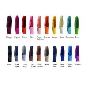 May include: A collection of 20 felt bag inserts in various colors, including maroon, pink, orange, lemon, beige, turquoise, green, black, dark grey, light grey, dark brown, light brown, khaki, navy blue, dark blue, light blue, and purple.
