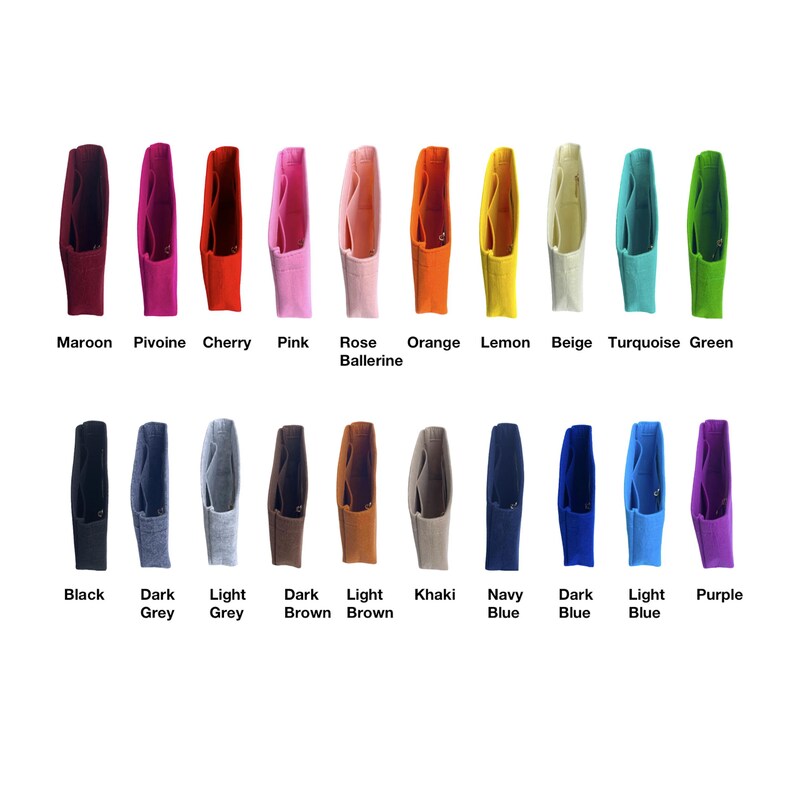 May include: A collection of 20 felt bag inserts in various colors, including maroon, pink, orange, lemon, beige, turquoise, green, black, dark grey, light grey, dark brown, light brown, khaki, navy blue, dark blue, light blue, and purple.