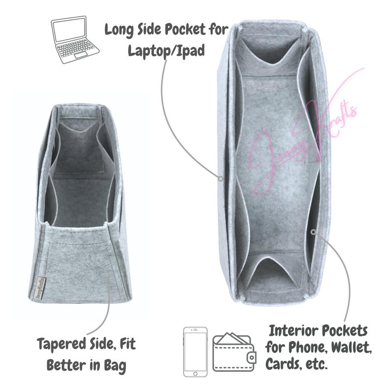 May include: Two grey felt bag organisers with multiple pockets. One organiser has a tapered side for a better fit in a bag. The other organiser has a long side pocket for a laptop or iPad. Interior pockets for phone, wallet, and cards.