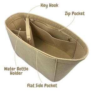 K&ouml;nnte beinhalten: Beiger Filz-Handtaschen-Organizer mit mehreren F&auml;chern. Enth&auml;lt einen Schl&uuml;sselhaken, eine Rei&szlig;verschlusstasche, einen Wasserflaschenhalter und eine flache Seitentasche. Der Organizer soll Gegenst&auml;nde ordentlich verstauen.