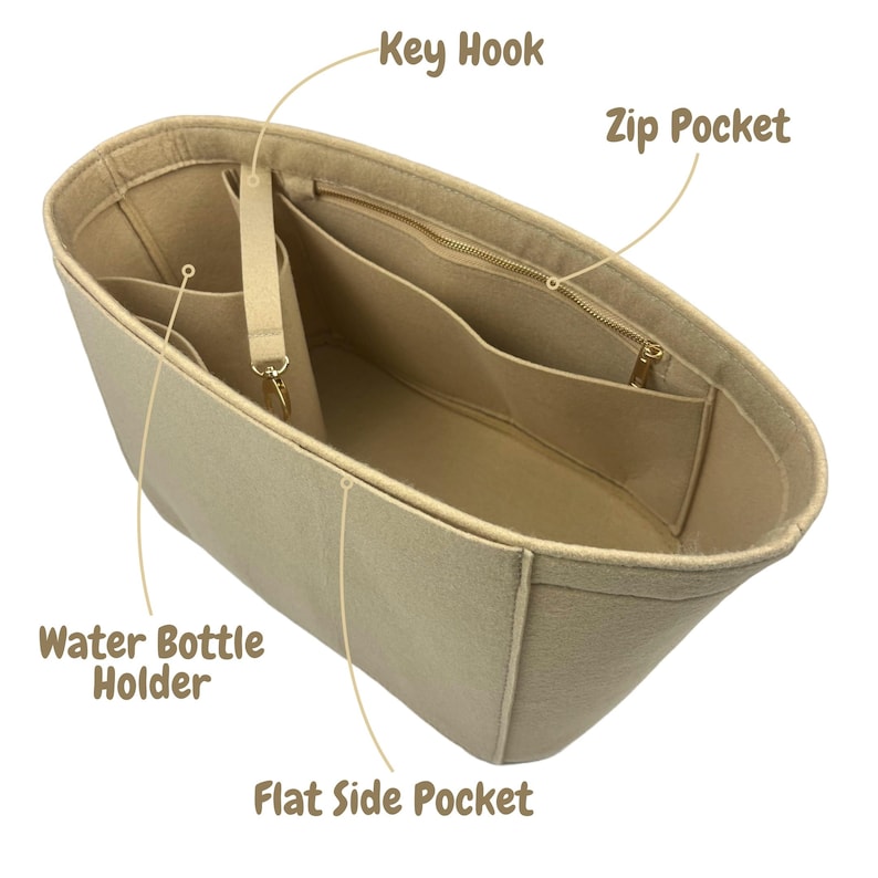 K&ouml;nnte beinhalten: Beiger Filz-Handtaschen-Organizer mit mehreren F&auml;chern. Enth&auml;lt einen Schl&uuml;sselhaken, eine Rei&szlig;verschlusstasche, einen Wasserflaschenhalter und eine flache Seitentasche. Der Organizer soll Gegenst&auml;nde ordentlich verstauen.