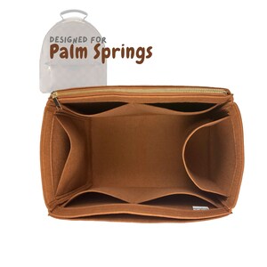 May include: A brown felt handbag organizer with multiple compartments and a gold zipper. The text "DESIGNED FOR Palm Springs" is above a transparent backpack outline.