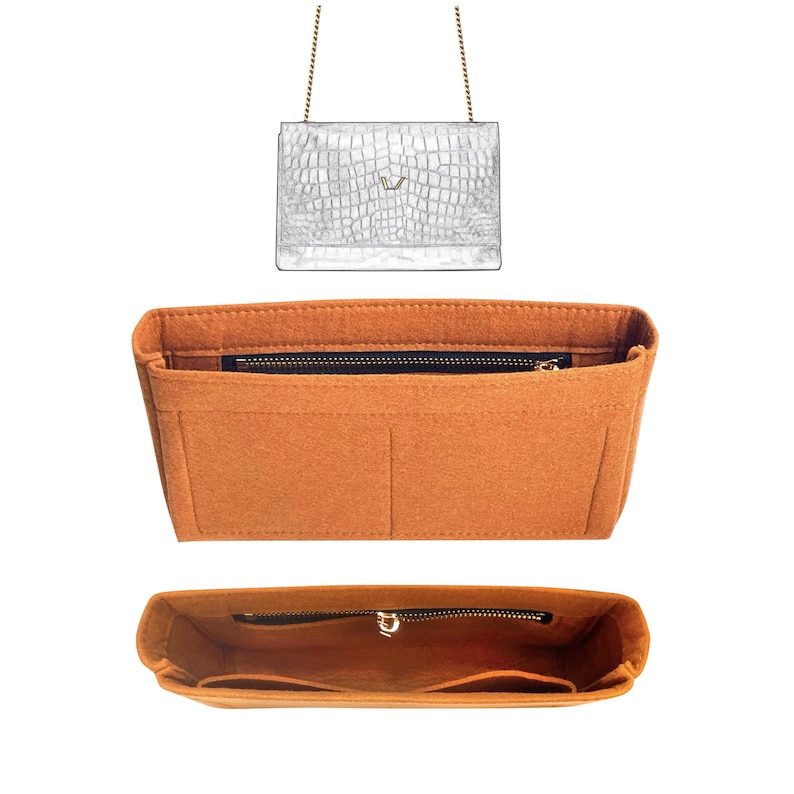 May include: A brown felt bag insert with a zippered top and two compartments. The insert is designed to fit inside a handbag to help organize the interior.