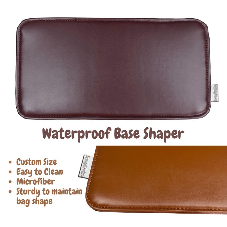 May include: A rectangular, waterproof base shaper in two colors: a deep burgundy and a lighter brown. The product is designed to maintain bag shape and is easy to clean. The text on the image says "Waterproof Base Shaper".