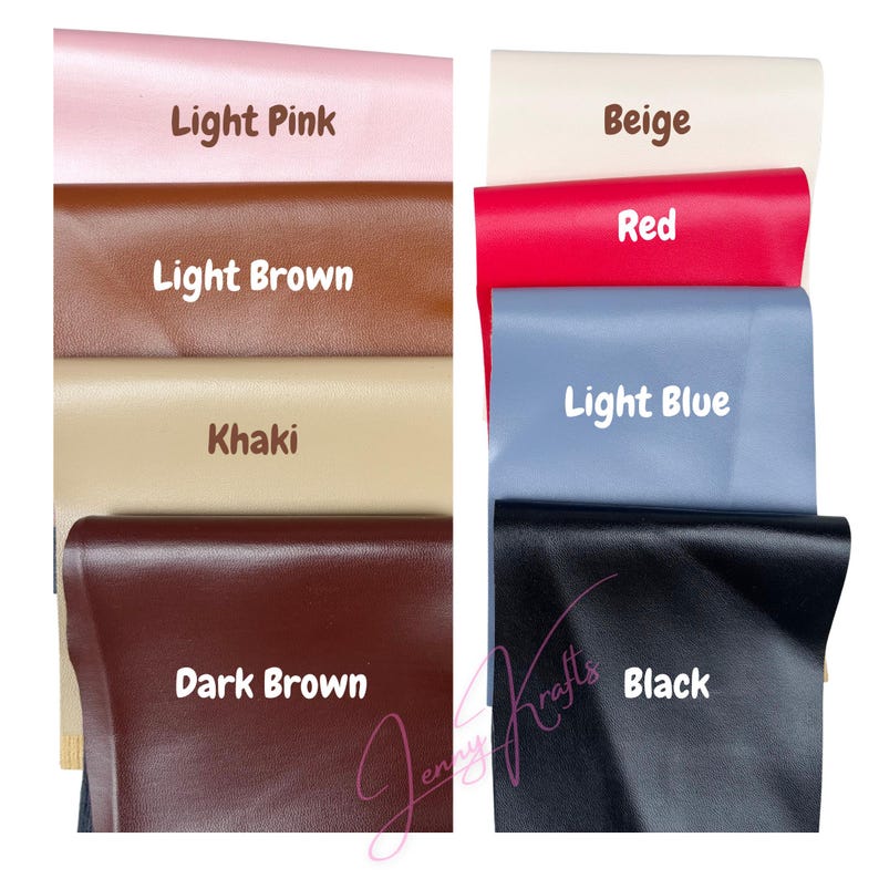 May include: A collection of folded sheets of faux leather in various colors. Colors include light pink, light brown, khaki, dark brown, beige, red, light blue, and black. Each sheet has a label with its color name.