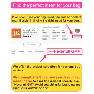May include: A screenshot of a website for a shop selling bag organizers. The website is called JennyKrafts and has a search bar with the text "Neverfull GM" in it. The text "Visit JennyKrafts Store, and search your bag model name to find the perfect insert, e.g., "Neverfull GM". Avoid searching for brand names like "Louis Vuitton" or "LV" is also visible on the screen.