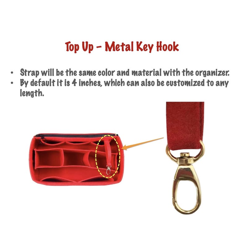 Op de afbeelding: Rode vilt tas organizer met meerdere vakken en een metalen sleutelhaak. De haak is bevestigd aan een rode vilt band. De band is 10 cm lang en kan op elke gewenste lengte worden aangepast.