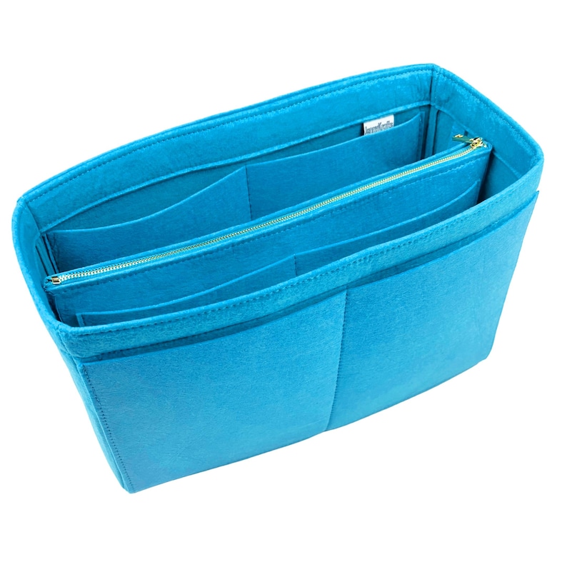 Organizer for [Graceful PM MM] (Style B), Tote Felt Purse Insert (w/ Detachable Zipper Bag), Laptop iPad Pocket, Zip Metal Gold Makeup Light Blue