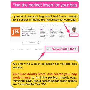 Może przedstawiać: Zrzut ekranu sklepu Etsy, JennyKrafts, reklamującego wkładki do toreb. Tekst zawiera "Znajdź idealną wkładkę do swojej torby" oraz instrukcje wyszukiwania nazw modeli toreb, takich jak "Neverfull GM".