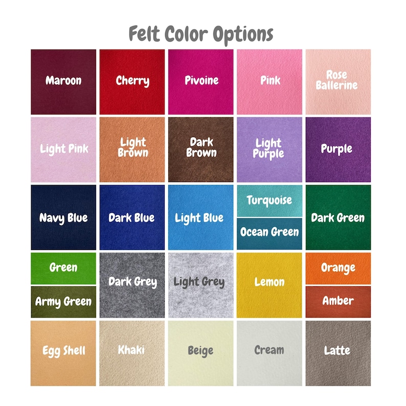Op de afbeelding: Een kleurenkaart met viltkleuren, waaronder bordeauxrood, kers, roze en marineblauw. De kaart toont ook tinten groen, grijs en bruin, waarbij elk kleurblok is gelabeld voor eenvoudige identificatie. Ideaal voor knutselprojecten.