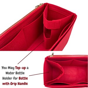 May include: A red felt bag organizer with multiple compartments and a gold zipper. The organizer includes a water bottle holder and the text "You May Top-up a Water Bottle Holder for Bottle with Grip Handle."