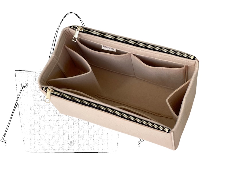 May include: Beige felt bag organiser with multiple compartments and a zipper closure. The organiser has a gold zipper pull and is designed to fit inside a larger bag.