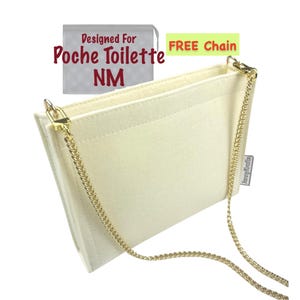 May include: Cream-colored felt bag with a gold chain strap. The bag is rectangular with a flap and gold hardware. Text on the image reads "Designed For Poche Toilette NM" and "FREE Chain". The bag is designed to be an organizer.