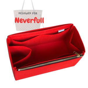 May include: Red felt bag organizer with multiple compartments and a zipper closure. Designed for Neverfull.