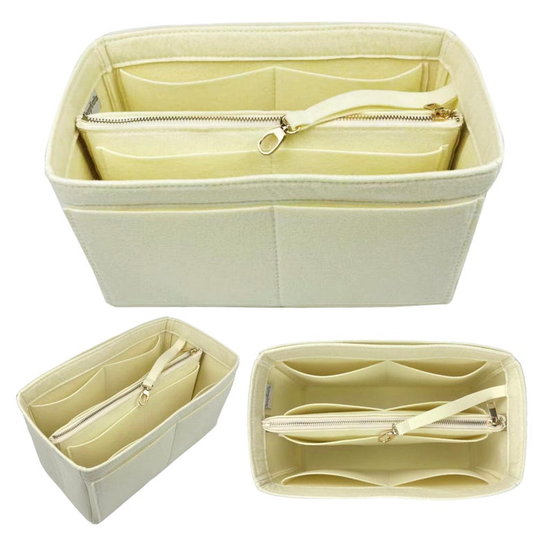 May include: A cream-colored felt bag organizer with multiple compartments and a zippered pocket. The organizer is shown from three different angles.