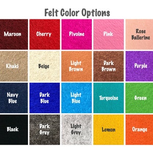May include: A colour chart displaying 20 different felt colours. The colours are arranged in four rows of five colours each. The colours are: maroon, cherry, pivoine, pink, rose ballerine, khaki, beige, light brown, dark brown, purple, navy blue, dark blue, light blue, turquoise, green, black, dark grey, light grey, lemon, and orange.
