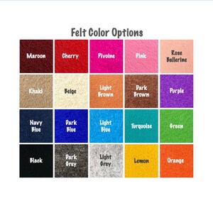 Pode incluir: Um gr&aacute;fico que mostra 20 cores de feltro diferentes. As cores est&atilde;o dispostas em uma grade de quatro linhas e cinco colunas. As cores incluem marrom, cereja, pivoine, rosa, rosa bailarina, c&aacute;qui, bege, marrom claro, marrom escuro, roxo, azul marinho, azul escuro, azul claro, turquesa, verde, preto, cinza escuro, cinza claro, lim&atilde;o e laranja.