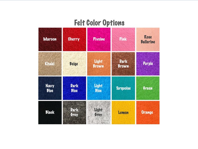 Pode incluir: Um gr&aacute;fico que mostra 20 cores de feltro diferentes. As cores est&atilde;o dispostas em uma grade de quatro linhas e cinco colunas. As cores incluem marrom, cereja, pivoine, rosa, rosa bailarina, c&aacute;qui, bege, marrom claro, marrom escuro, roxo, azul marinho, azul escuro, azul claro, turquesa, verde, preto, cinza escuro, cinza claro, lim&atilde;o e laranja.