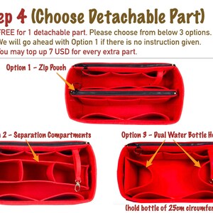 Puede incluir: Tres opciones diferentes para un organizador de bolso de fieltro rojo. La opci&oacute;n 1 es una bolsa con cremallera. La opci&oacute;n 2 es un divisor de compartimentos. La opci&oacute;n 3 es un soporte para dos botellas de agua que puede contener botellas de hasta 25 cm de circunferencia.