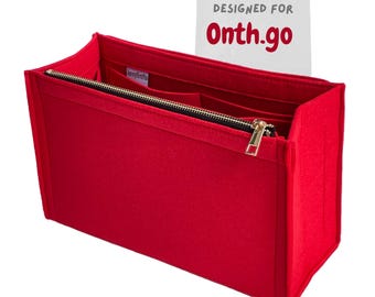 May include: A bright red felt handbag organizer with a black zipper and gold-colored zipper pull. The organizer has multiple interior pockets and the text "Designed for onth.go" on a white background.