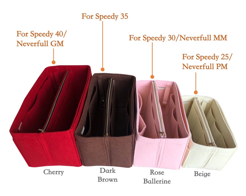 May include: Four felt bag organizers in different colors: cherry red, dark brown, rose pink, and beige. The organizers are labeled with the bag sizes they fit: Speedy 40/Neverfull GM, Speedy 35, Speedy 30/Neverfull MM, and Speedy 25/Neverfull PM.