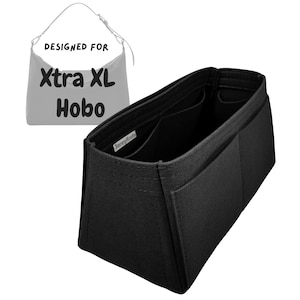May include: A black felt handbag organizer insert with multiple interior compartments and a small white brand label. An illustration in the upper left corner shows a hobo bag outline with the text DESIGNED FOR Xtra XL Hobo.