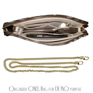 May include: A brown and white patterned purse organiser with multiple compartments, shown open to display contents. A gold chain strap is included. The text "ORGANIZER ONLY. BAG FOR DEMO PURPOSE" is at the bottom.