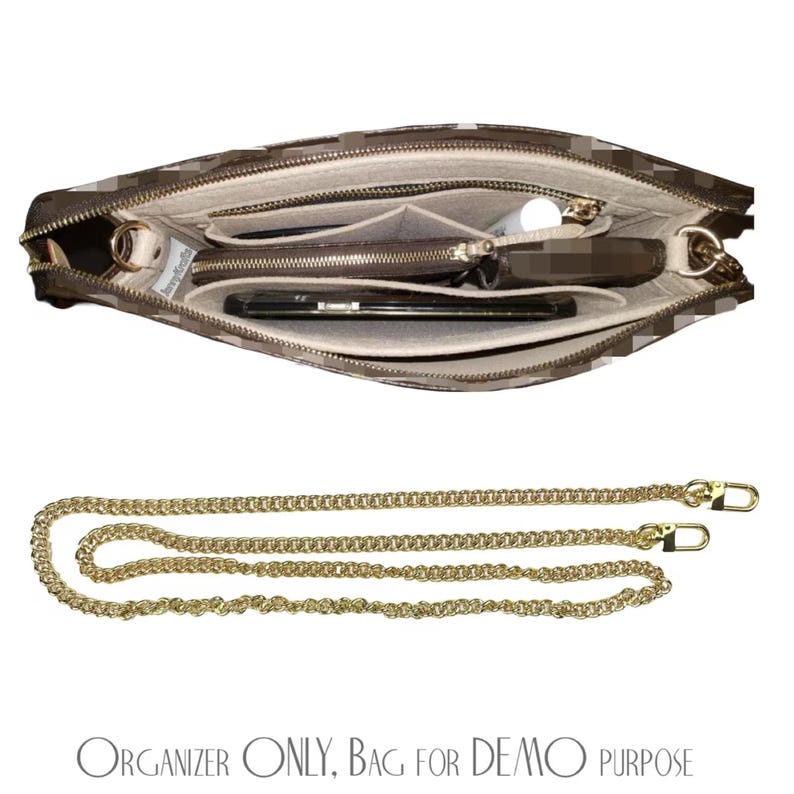 May include: A brown and white patterned purse organiser with multiple compartments, shown open to display contents. A gold chain strap is included. The text "ORGANIZER ONLY. BAG FOR DEMO PURPOSE" is at the bottom.