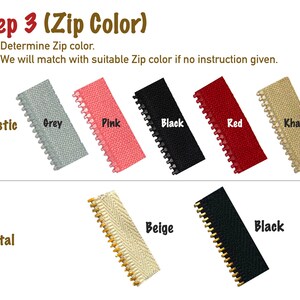 Puede incluir: Un gr&aacute;fico que muestra diferentes colores de cremalleras de pl&aacute;stico y metal. Los colores incluyen gris, rosa, negro, rojo, caqui, beige y negro. El texto en el gr&aacute;fico dice "Paso 3 (Color de la cremallera)", "Determinar el color de la cremallera", "Coincidiremos con el color de la cremallera adecuado si no se da ninguna instrucci&oacute;n", "Pl&aacute;stico", "Metal", "Gris", "Rosa", "Negro", "Rojo", "Caqui", "Beige", y "Negro".