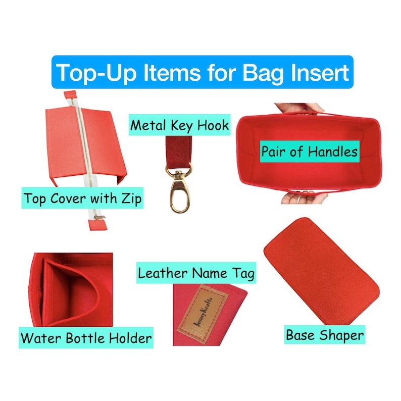 Op de afbeelding: Afbeelding met diverse rode accessoires voor een tasinzet. Items zijn onder meer een top cover met rits, een metalen sleutelhaak, een paar handvatten, een waterfleshouder, een leren naamlabel en een base shaper. Tekst: "Top-Up Items for Bag Insert."