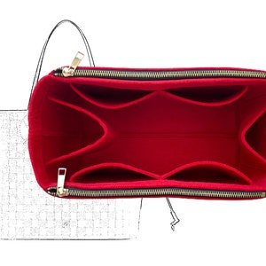 Pro Space Purse Bag Organizer Insert,Fish Mouth Handbag Organizer,Universal  Style Side Zipper,Perfect for LV neverfull mm and More,Red,Slender Medium 