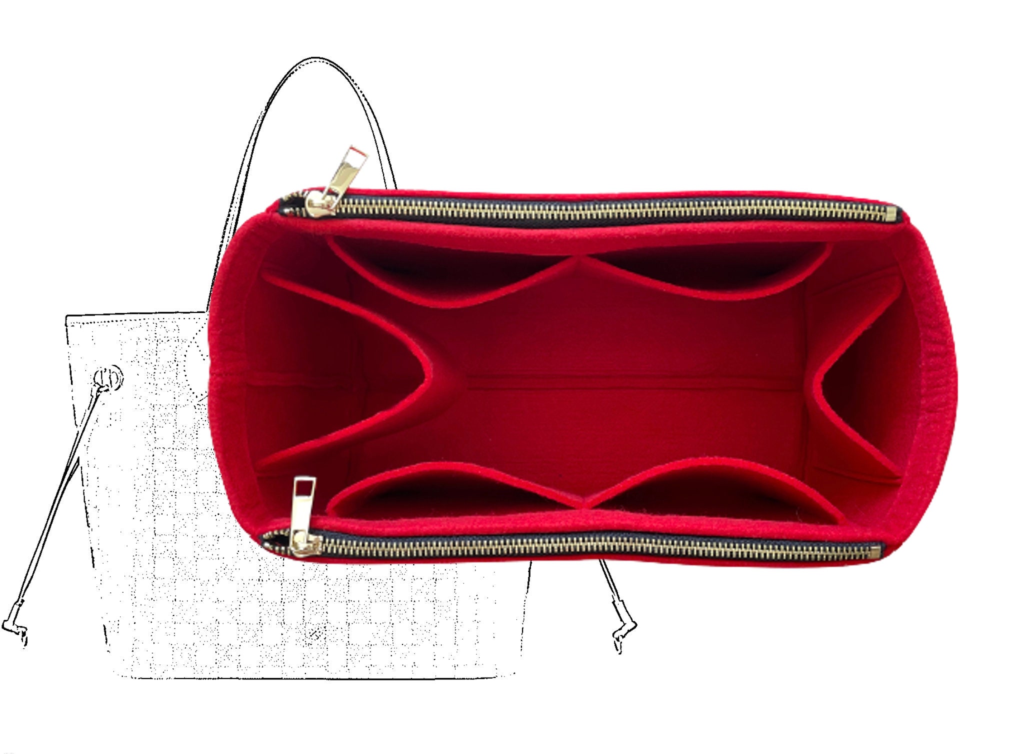 Pro Space Purse Bag Organizer Insert,Handbag Organizer for Women,Universal  Style Side Zipper,Perfect for LV neverfull mm and More,Red,Slender Medium 