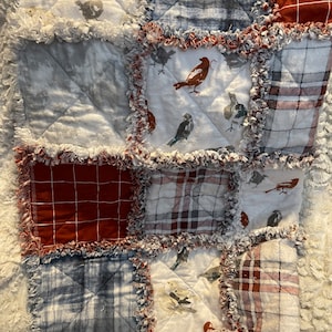 Baby rag quilt- birds and plaid-handmade