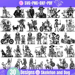 Skeleton with Dog 30 Skeleton and Dog Designs SV - Skeleton Dog Clipart Bundle for Cricut, Halloween Skeleton Art, Gothic Dog Illustrations