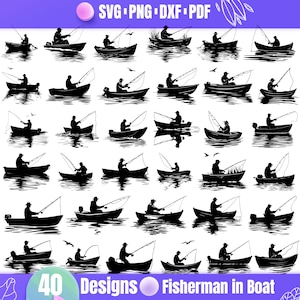 Puede incluir: Un conjunto de 40 diseños de silueta en blanco y negro de un pescador en un bote con una caña de pescar. Los diseños son perfectos para crear manualidades, scrapbooking o proyectos digitales.