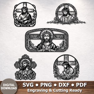 Op de afbeelding: Zwarte lasergesneden ontwerpen van Jezus Christus met een doornenkroon, tegen een witte achtergrond. De afbeeldingen bevatten kruisen en bloemelementen. De tekst "DIGITALE DOWNLOAD" en "Graveren & Snijden Klaar" zijn ook aanwezig.