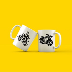 May include: Two white ceramic mugs with black motorcycle illustrations. One mug features a rider on a classic motorcycle, the other a modern sport bike. The mugs are set against a bright yellow background.