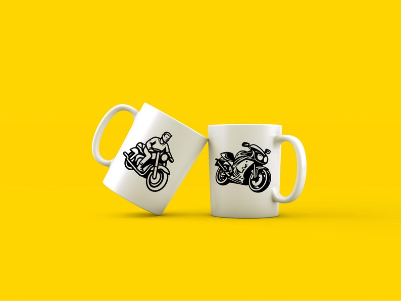 May include: Two white ceramic mugs with black motorcycle illustrations. One mug features a rider on a classic motorcycle, the other a modern sport bike. The mugs are set against a bright yellow background.