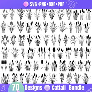 May include: A set of 70 black and white cattail designs. The designs are in various sizes and shapes, and some include leaves. The designs are perfect for crafting, scrapbooking, and other creative projects.