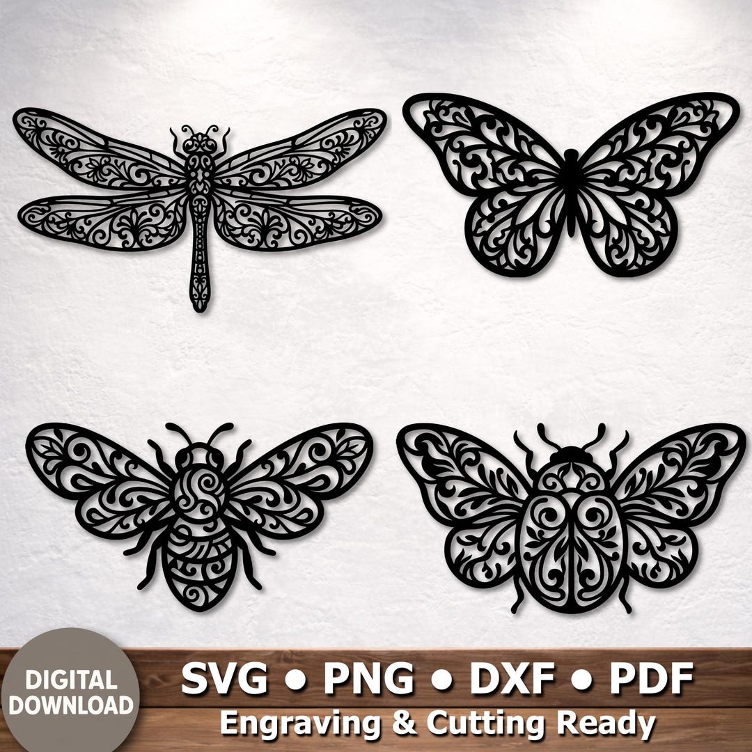 Dragonfly Bee Butterfly Beetle SVG Bundle, Insect Silhouette Cut Files ...