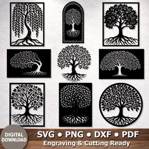 Peut inclure: Plusieurs modèles d'arbres noirs, dont un saule pleureur, des arbres encadrés et des œuvres d'art circulaires. Les motifs présentent des détails découpés complexes de branches, de feuilles et de racines. Les mots "TÉLÉCHARGEMENT NUMÉRIQUE" et "Prêt pour la gravure et la découpe" sont également visibles.
