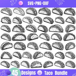 May include: A collection of 45 black and white taco designs in various styles. The image includes the text "SVG • PNG • DXF" at the top and "45 Designs Taco Bundle" at the bottom. The tacos are depicted with detailed line art.