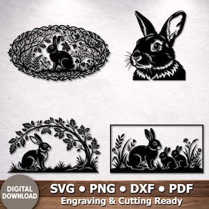 May include: Black metal rabbit art pieces. Includes a rabbit head, a rabbit in an oval frame, a rabbit under a tree, and a family of rabbits in a rectangular frame. The words "DIGITAL DOWNLOAD" and "SVG • PNG • DXF • PDF Engraving & Cutting Ready" are at the bottom.