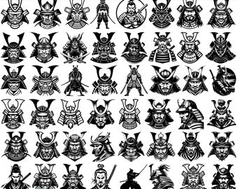 Samurai SVG-Bundle - 50 Designs, japanischer Krieger Silhouette, Ronin Clipart für Cricut, Bushido Vektorkunst, Samurai Maske Schnittdateien
