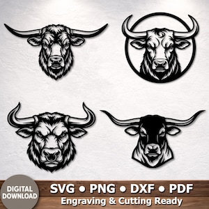 May include: Four distinct black and white graphic illustrations of bull heads with long horns. The designs feature varying facial expressions and styles, including one enclosed in a circular frame. Text at the bottom reads: DIGITAL DOWNLOAD SVG PNG DXF PDF Engraving & Cutting Ready.