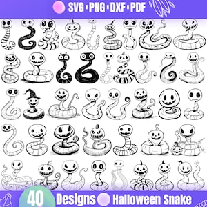 May include: A collection of 40 black and white Halloween snake designs. The snakes have different expressions and poses. The image includes the text "SVG PNG DXF PDF" and "40 Designs Halloween Snake".