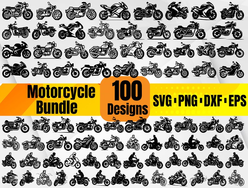May include: A collection of 100 motorcycle designs in black and white. The image includes various motorcycle styles, from classic cruisers to modern sport bikes, with the text "Motorcycle Bundle" and "100 Designs". Formats include SVG, PNG, DXF, and EPS.