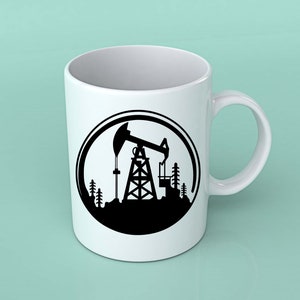 May include: White ceramic mug with a black silhouette of an oil rig in a circle design. The oil rig is surrounded by trees.