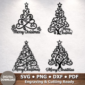 May include: Four black silhouette designs of Christmas trees featuring intricate scrollwork, ornaments, stars, and snowflakes. Each tree includes the text Merry Christmas in a cursive script. The file formats SVG, PNG, DXF, and PDF are listed.